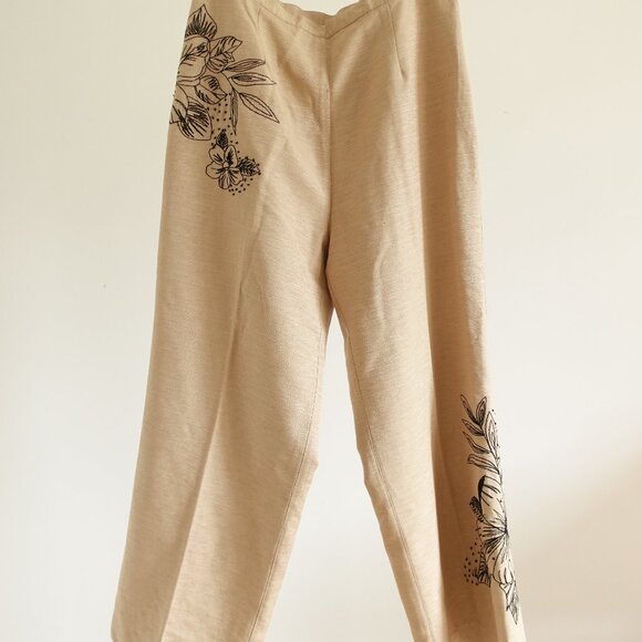 Y2K Silkland Beige Silk Pants w/ Embroidered Flower Size Petite - Picture 2 of 14